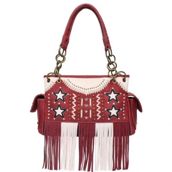 NWT Montana West US Star Fringe Conceal Carry Satchel, Red,13.5"x8.5",Drop 10.5" - Picture 1 of 7